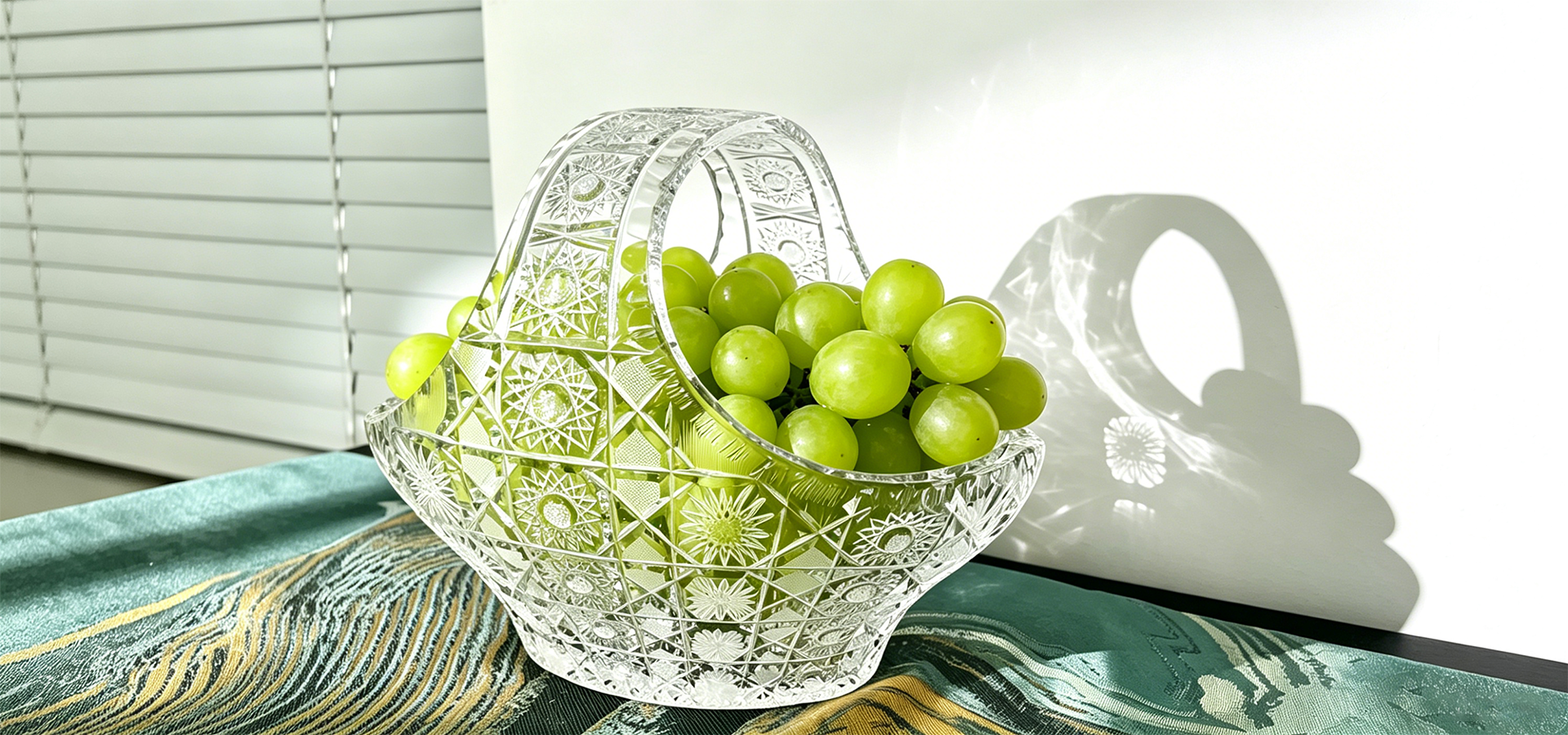 Close-up of crystal glassware on a table at an outdoor restaurant in Fiskardo, Greece.