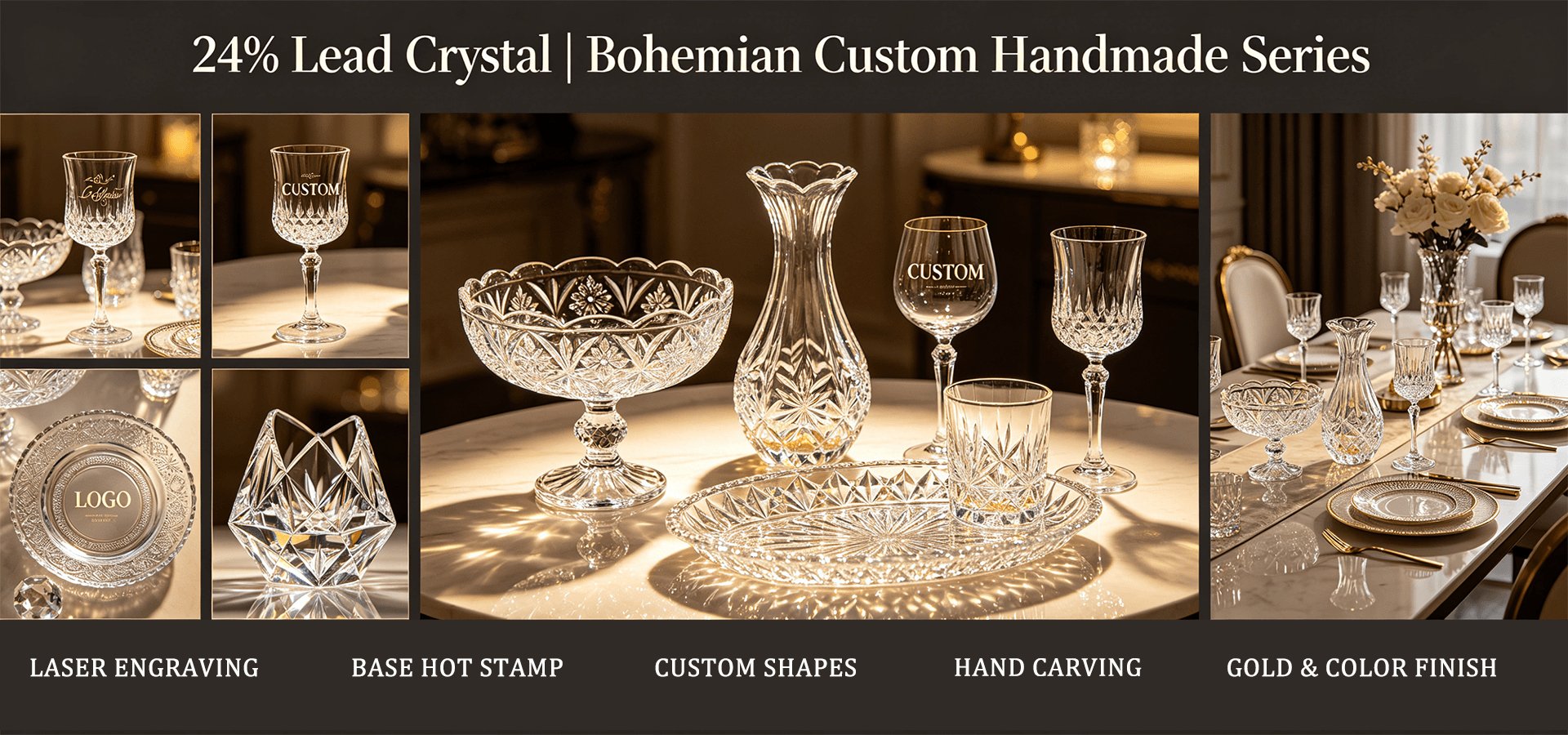 Artistic display of assorted vintage glassware with warm lighting casting natural shadows.